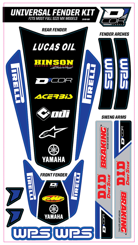 Blue DCOR Wps universal trim kit graphics and decals for full-size motorcycles, featuring detailed blue and black design elements.