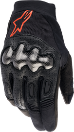 Alpine Star Megawatt Gloves in black and red fluo, showing the textured knuckle protection and adjustable wrist strap.