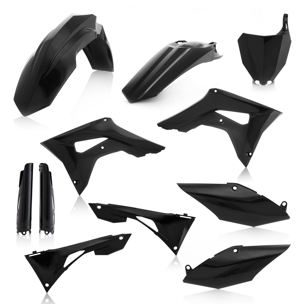 Acerbis black full plastic kit for motorcycle, featuring various plastic panels and components laid out on a white background.