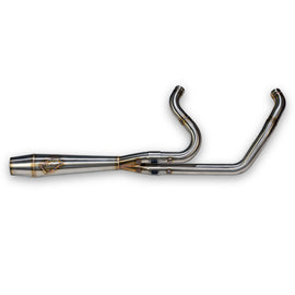 Sawicki Speed Shop M8 Softail mid-length brushed stainless steel exhaust with cannon design, motorcycle part.