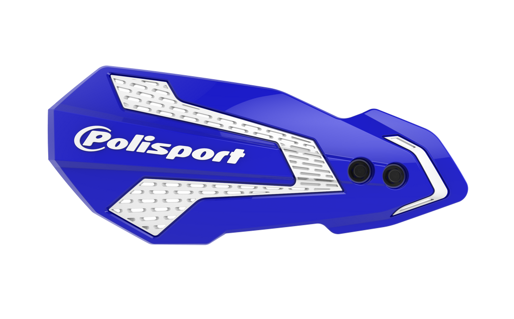 Blue and white Polisport Plastics MX Flow handguards on Yamaha YZ250 dirt bike, showing the protective plastic design.