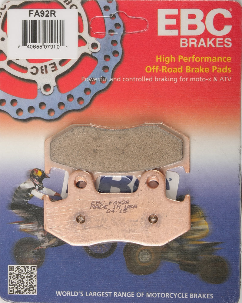 EBC Motorcycle Brakes Fa92r Sintered R Series brake pads displayed on a clean surface, showing their durable metal backing and friction material.
