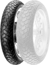 Pirelli MT60 front motorcycle tire, 100/90 19 bias, showing tread pattern and sidewall details for off-road riding.