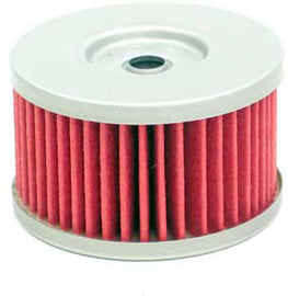 K&N Oil Filter 56-0137 showing the cylindrical filter with metal end caps and threaded center for automotive oil filtration.