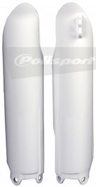 Polisport Plastics white fork guards for motorcycle, showing the durable plastic body with mounting details.