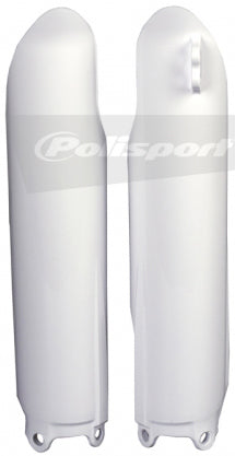 Polisport Plastics white fork guards for motorcycle suspension, showing close-up of durable plastic body with mounting points.