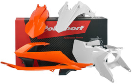 Polisport Plastics OE color plastic body kit for motorcycle, showing assembled panels and vibrant surface details.