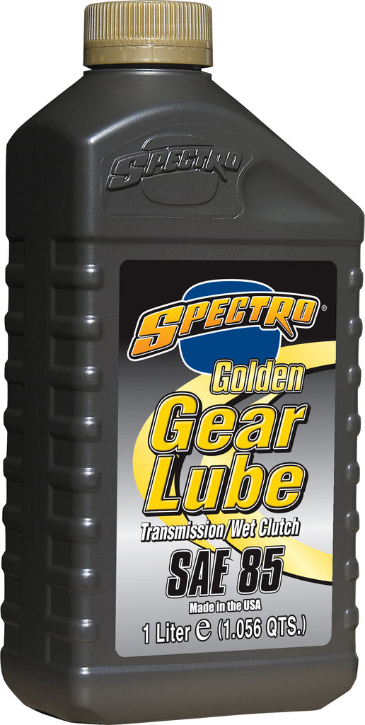 Spectro Golden Gear Lube 85w 1L bottle, automotive gear oil container with yellow label and black cap, for lubrication.