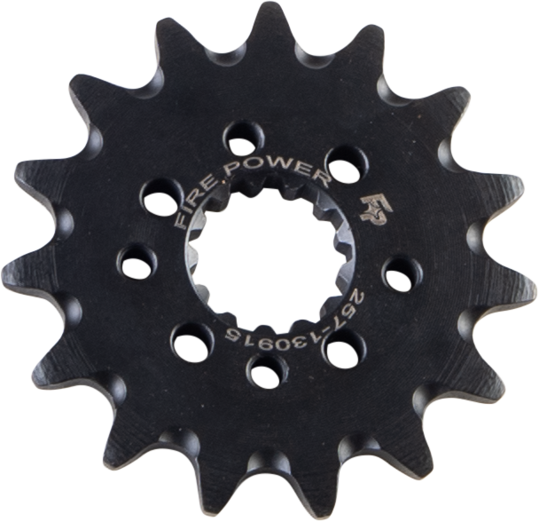 Steel Fire Power 15-tooth front CS sprocket for motorcycles, showing the gear teeth and branding details.