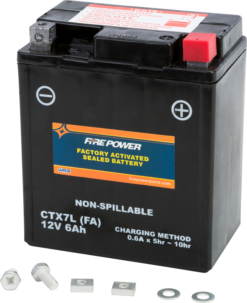 Fire Power Ctx7l sealed factory-activated battery, 49-2245, showcasing the compact, durable battery with branding and specifications.