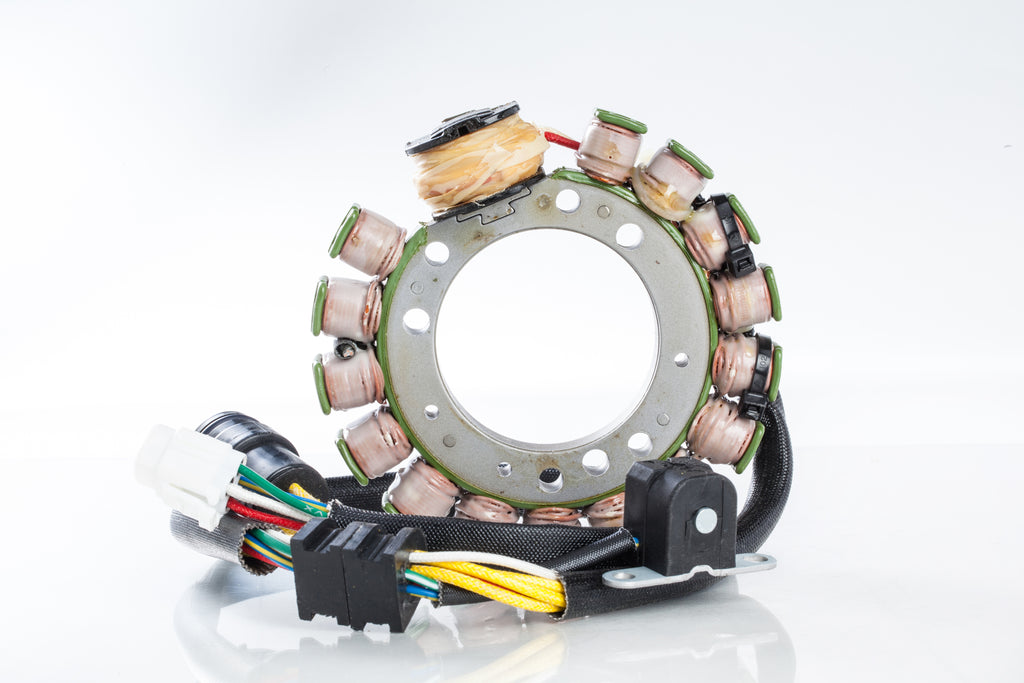 Ricks Motorsport Electric Stator 27-21914 for motorcycle electrical system, showing coil windings and mounting points.