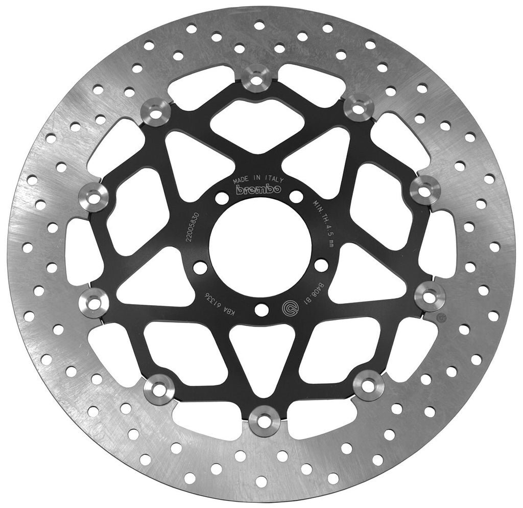 Brembo Serie Oro front floating brake rotor showing vented disc with Brembo branding and mounting holes for vehicle installation.