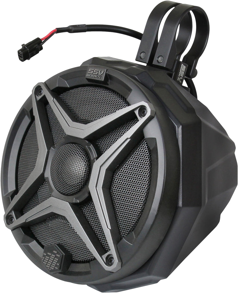 Pair of SSV Works WP Cage speaker pods, black, designed for off-road vehicle communication and audio enhancement.