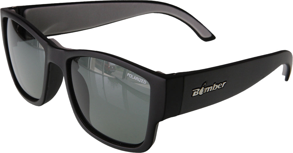 Bomber Gomer Bomb floating eyewear in matte black with polarized smoke lenses, designed for stylish, water-friendly sunglasses.