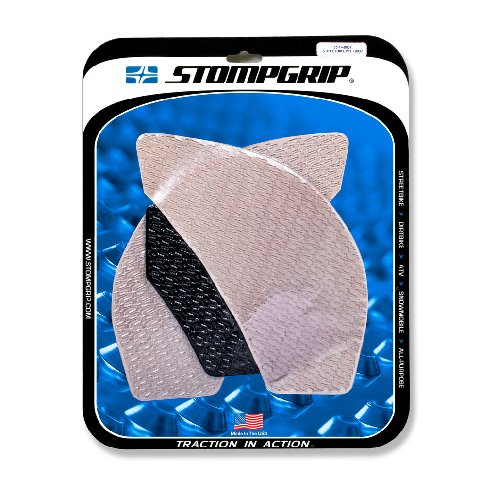 Stompgrip Tank Pad Kit Icon Clear for street bikes, featuring transparent protective tank grips with icon design.