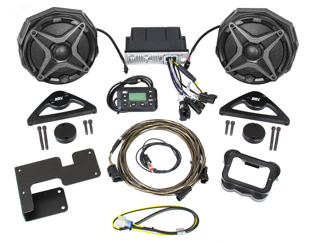 SSV Works Can-Am speaker kit with two audio speakers, designed for off-road vehicles, mounted on a rugged exterior.