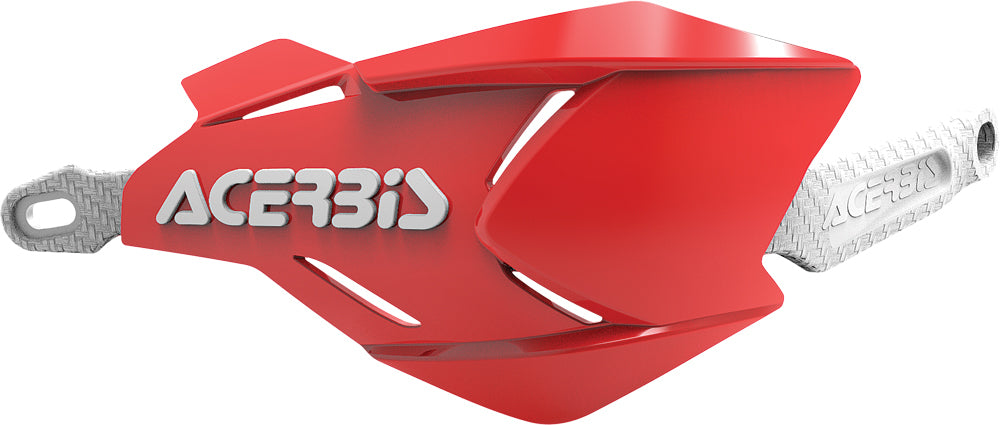 Acerbis X-Factory red and white handguard for motorcycle, showing durable plastic design with mounting hardware attached.