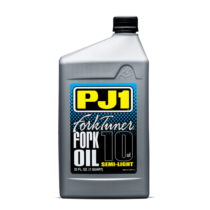 PJ1 Products Fork Tuner Oil 10W, 32oz bottle, chemical for motorcycle forks, with labeled branding and product details visible
