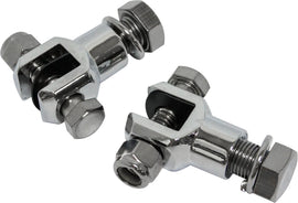 HardDrive chrome footpeg clevis mounts with 3/8-inch-24 thread for motorcycle foot controls, shown with mounting hardware.
