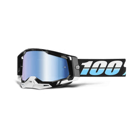 100-PERCENT Racecraft 2 goggles with blue mirror lens, sporty eyewear designed for motocross or racing activities.