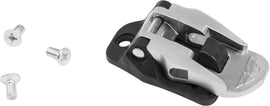 Fly Racing Fr5 motorcycle boot buckle with screws, close-up of durable plastic and metal fastening component.