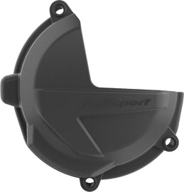 Polisport Plastics black clutch cover protector for motorcycles, model 64-0762B, shown on a motorcycle engine part.