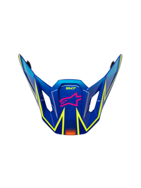 Alpine Star Sm7 Cast Visor ECE06 in blue, pink, and yellow fluo glossy finish, showing the colorful reflective surface.