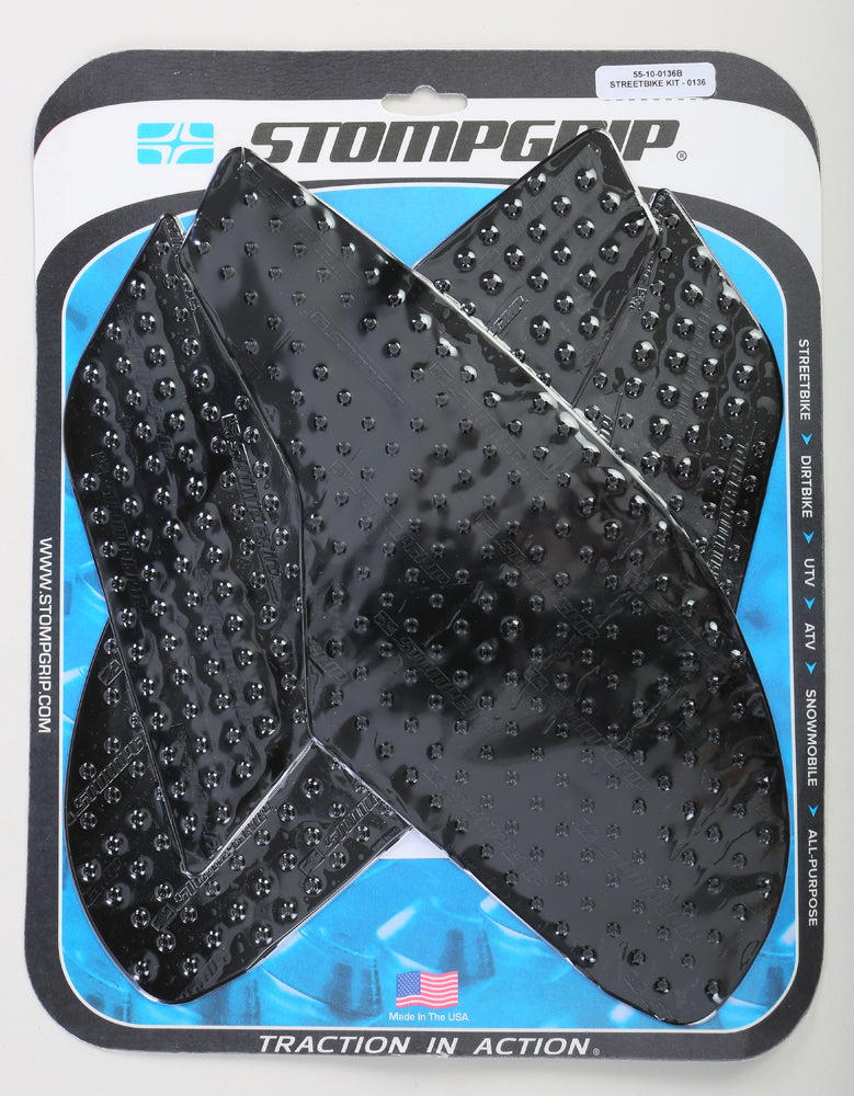 Stompgrip Tank Pad Kit Volcano Black for motorcycle body protection, featuring black textured grip pads on a black background.