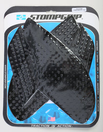 Stompgrip Tank Pad Kit Volcano Black for motorcycle body protection, featuring black textured grip pads on a black background.