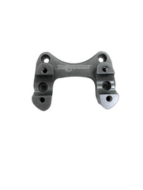 Silver HeliBars handlebar risers with a sleek design, mounted on a motorcycle handlebar for improved rider comfort.