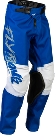 Fly Racing Youth Kinetic Khaos pants in light grey, blue, and white, size 20, showing durable motocross gear design.