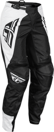 Fly Racing Women's F-16 Pants in black and white, size 15/16, featuring durable fabric and sporty design for motocross riding.