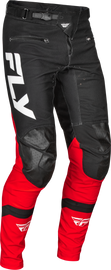 Fly Racing Rayce bicycle pants in red, black, and white, size 36, durable cycling apparel with adjustable fit and breathable fabric.