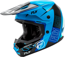 Fly Racing Kinetic Rally helmet in blue, black, and white with vented design and adjustable strap for motocross riding.