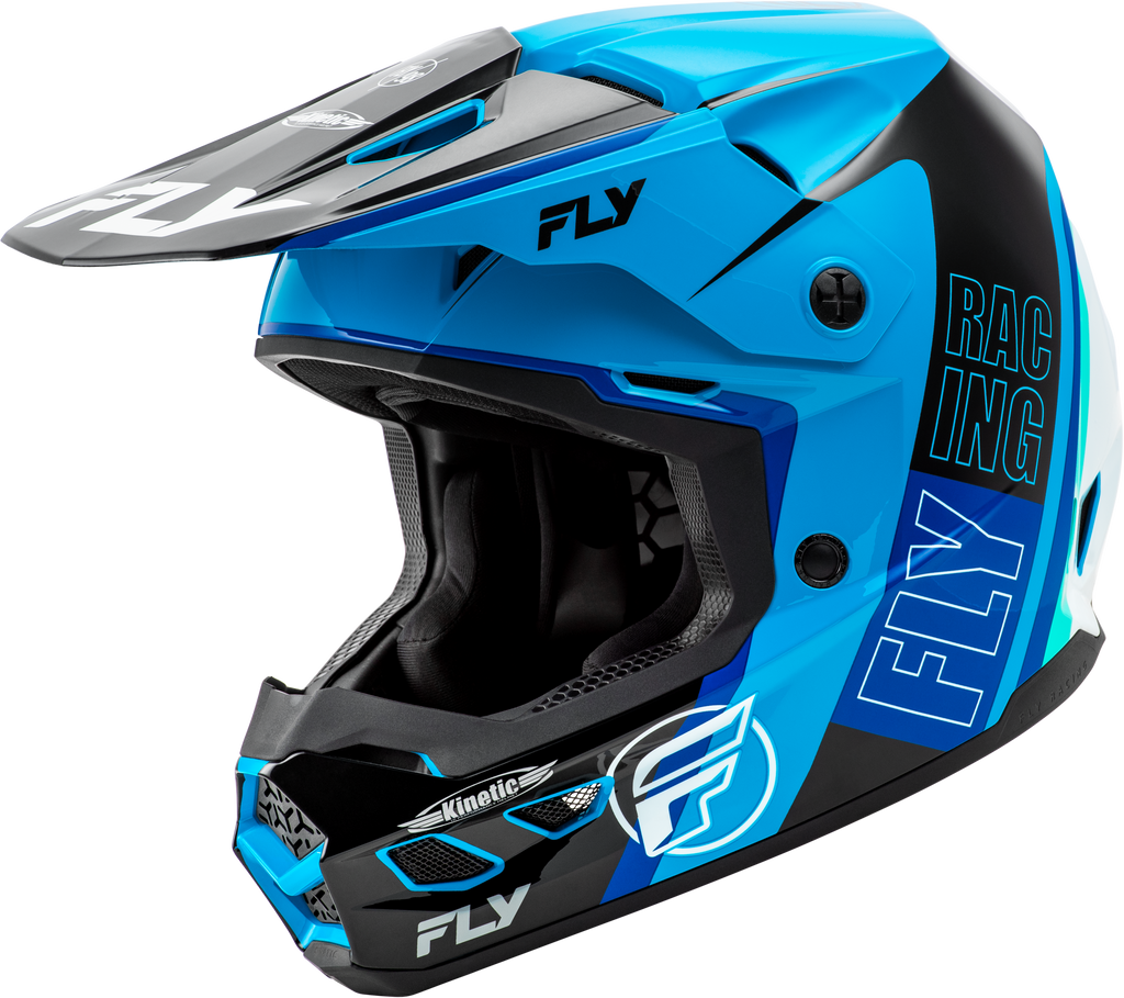 Fly Racing Kinetic Rally helmet in blue, black, and white, with aerodynamic design and ventilation features for motocross riding.