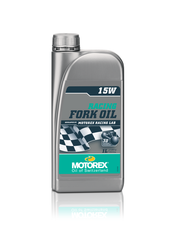 Bottle of Motorex Low Friction Racing Fork Oil 15W 1L for motorcycle suspension, featuring a clear container with product label