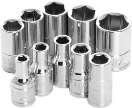 Performance Tool 10-piece 1/4-inch SAE socket set with shallow sockets, designed for automotive and mechanical repairs.