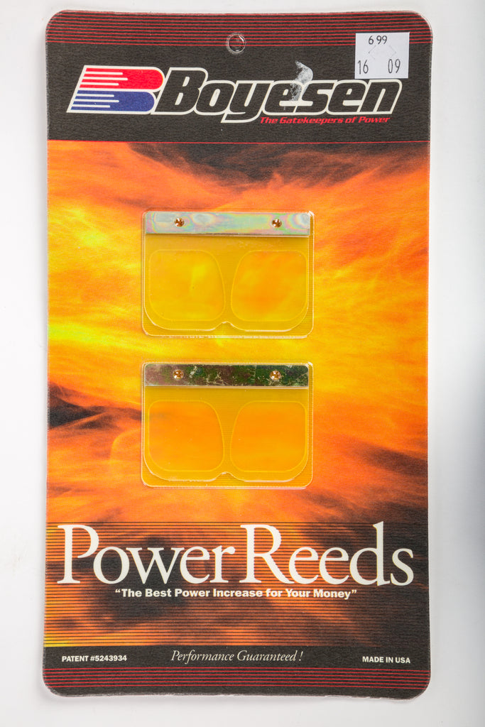 Boyesen motorcycle reeds for intake and fuel system, showing the black rubber reed valves and metal frame.