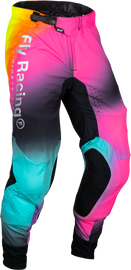 Fly Racing Lite Le Legacy pants in fuchsia, electric blue, and hi-vis, size 32, featuring durable motocross gear design.