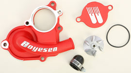Boyesen waterpump cover and impeller kit in red, featuring the cover and impeller components for engine cooling system.