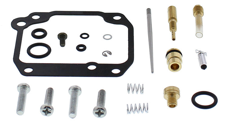 All Balls carburetor repair kit with gaskets and seals for fuel system, shown with various small parts and components.
