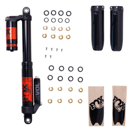 Fox Float 3 Evol RC2 front suspension shocks kit in black, showing the Fox brand logo and detailed shock components.
