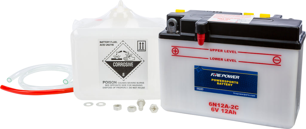 Fire Power 6V battery with acid, model 6N12A-2C, showing the battery with terminals and label for automotive or backup use.