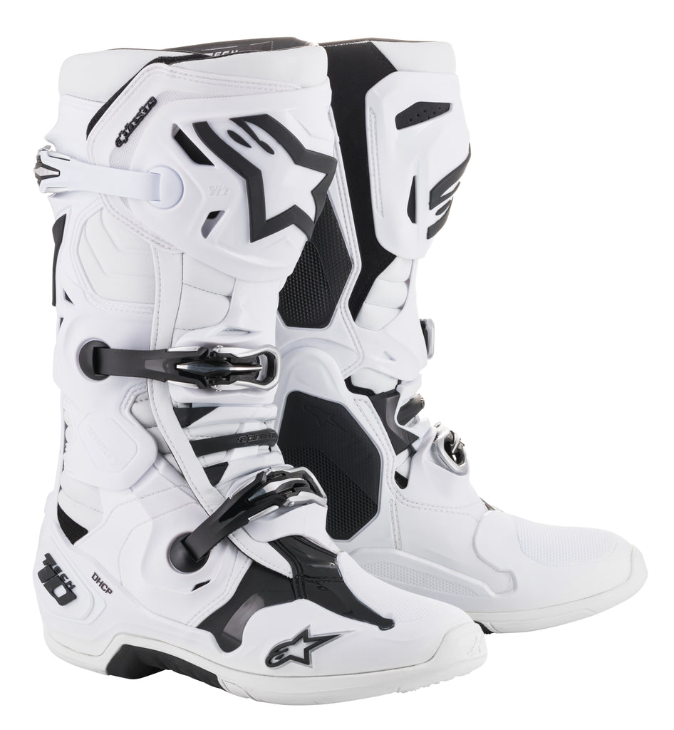 Alpine Star Tech 10 motocross boots in white, size 12, featuring durable construction and secure fastening.