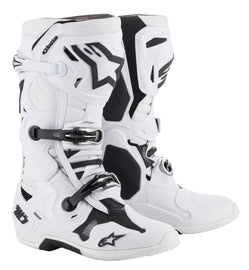Alpine Star Tech 10 racing boots in white, size 07, showing the sturdy design and secure fastening system