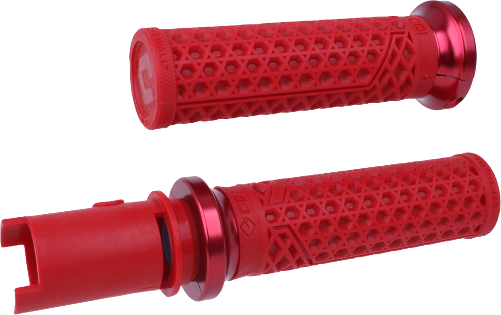 ODI Grips Van'S Lock-On grips in dark red and red, designed for bikes, showing the textured surface and locking mechanism.