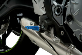 PUIG R-Fighter blue footpegs for motorcycle foot controls, showing the vibrant blue design and mounting hardware.