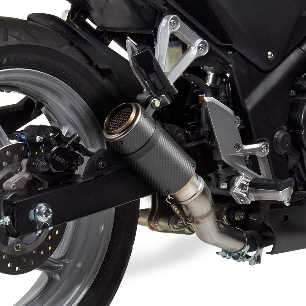 Hotbodies Racing MGP Stinger slip-on exhaust in matte carbon finish, showcasing sleek design and exhaust tip details.