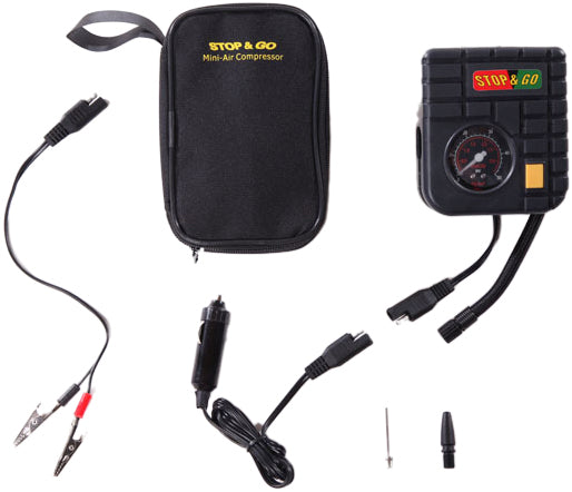 Stop & Go International mini air compressor with compact design, tools for inflating tires and small air tasks.