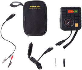 Stop & Go International mini air compressor with compact design, tools for inflating tires and small air tasks.